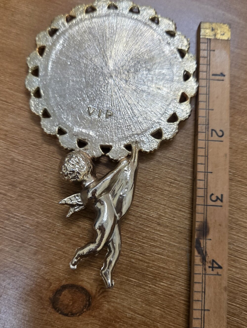 Vintage Ornate Gold Tone Vanity Cherub Cupid Handle Mirror Marked VIP - Picture 6 of 6